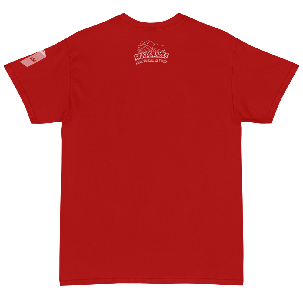 Red tech shirt back bulk dominoes style logo smaller stack em high let em fly