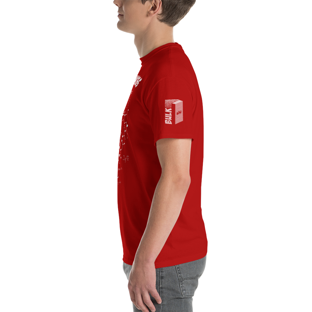 Bulk Dominoes Red tshirt side view with bulk dominoes domino logo and bulk large text
