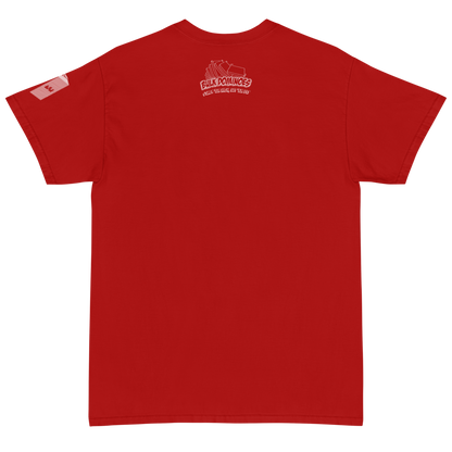 Red tech shirt back bulk dominoes style logo smaller stack em high let em fly